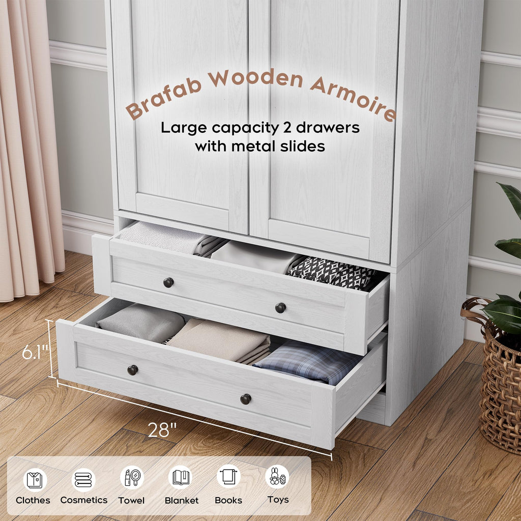 Wooden Armoire Wardrobe Closet with Drawers, White, Set of 2