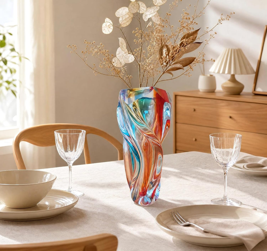 Hand Blown Twisted Multicolor Art Glass Vase, 12" Tall Luxury Swirl Crystal Vase, Decorative Centerpiece, Dining