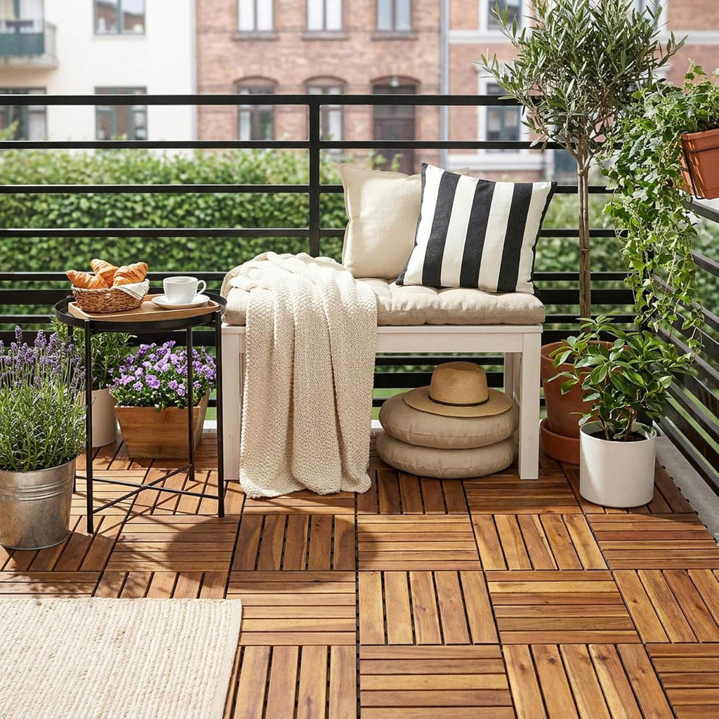 Natural Acacia 12x12 Interlocking Wood Deck Tiles for Balcony, Garden, Patio, Poolside Decor - Waterproof Indoor &