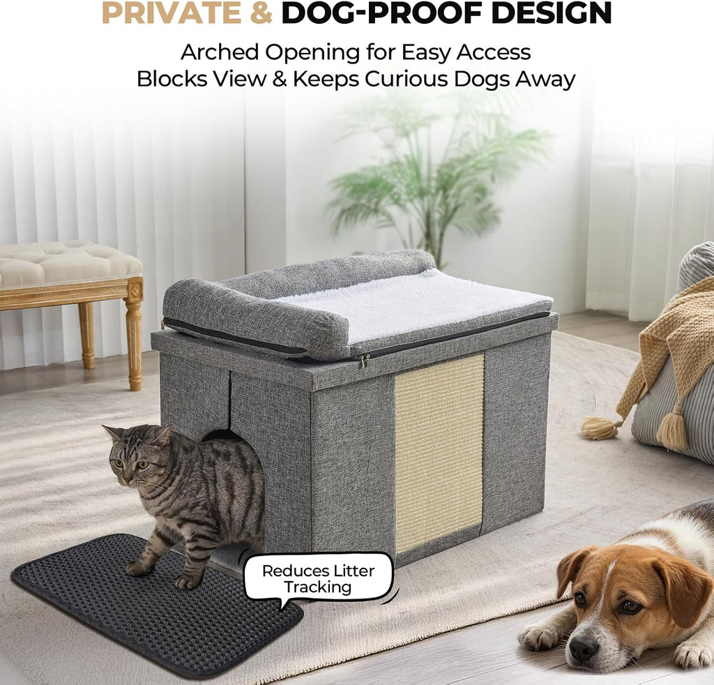 Cat Litter Box Enclosure Furniture, Hidden Litter Box with Cat Bed, Waterproof Odor Control Litter Box Cover, Dog