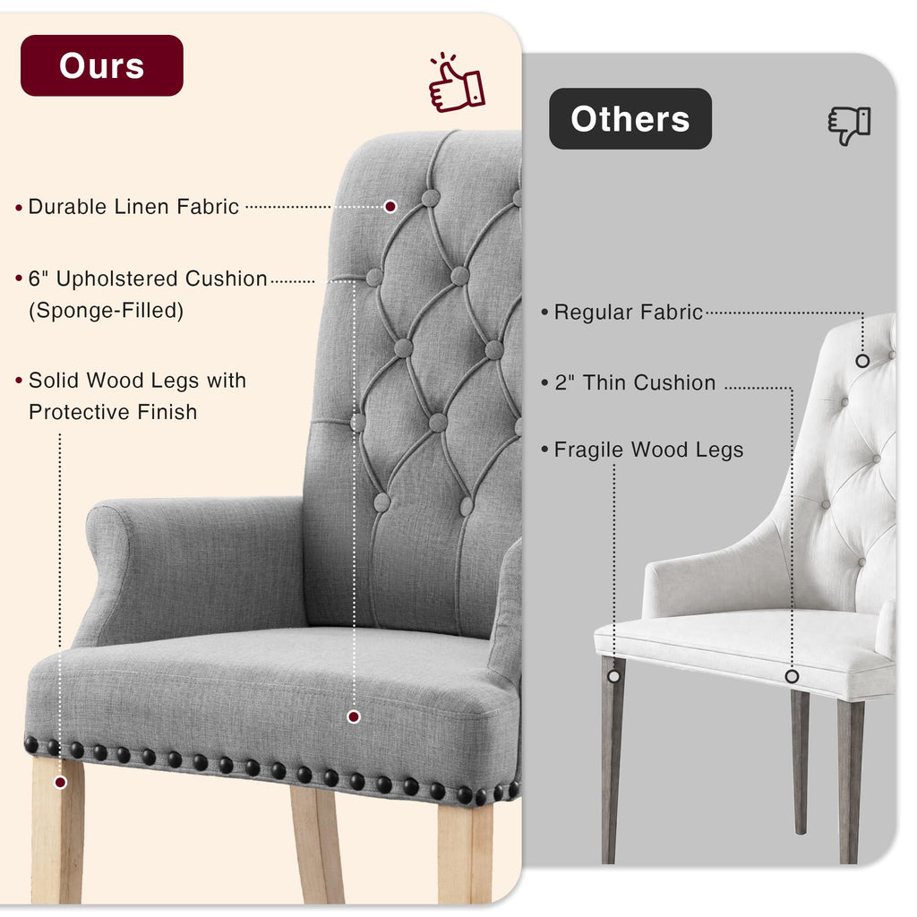 With Arms, Linen High Back Dining Room Chair, Light Grey