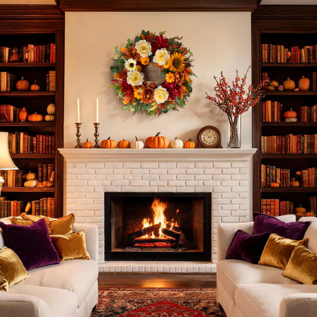 26'' Fall Wreath for Front Door with Light and Timer, Thanksgiving