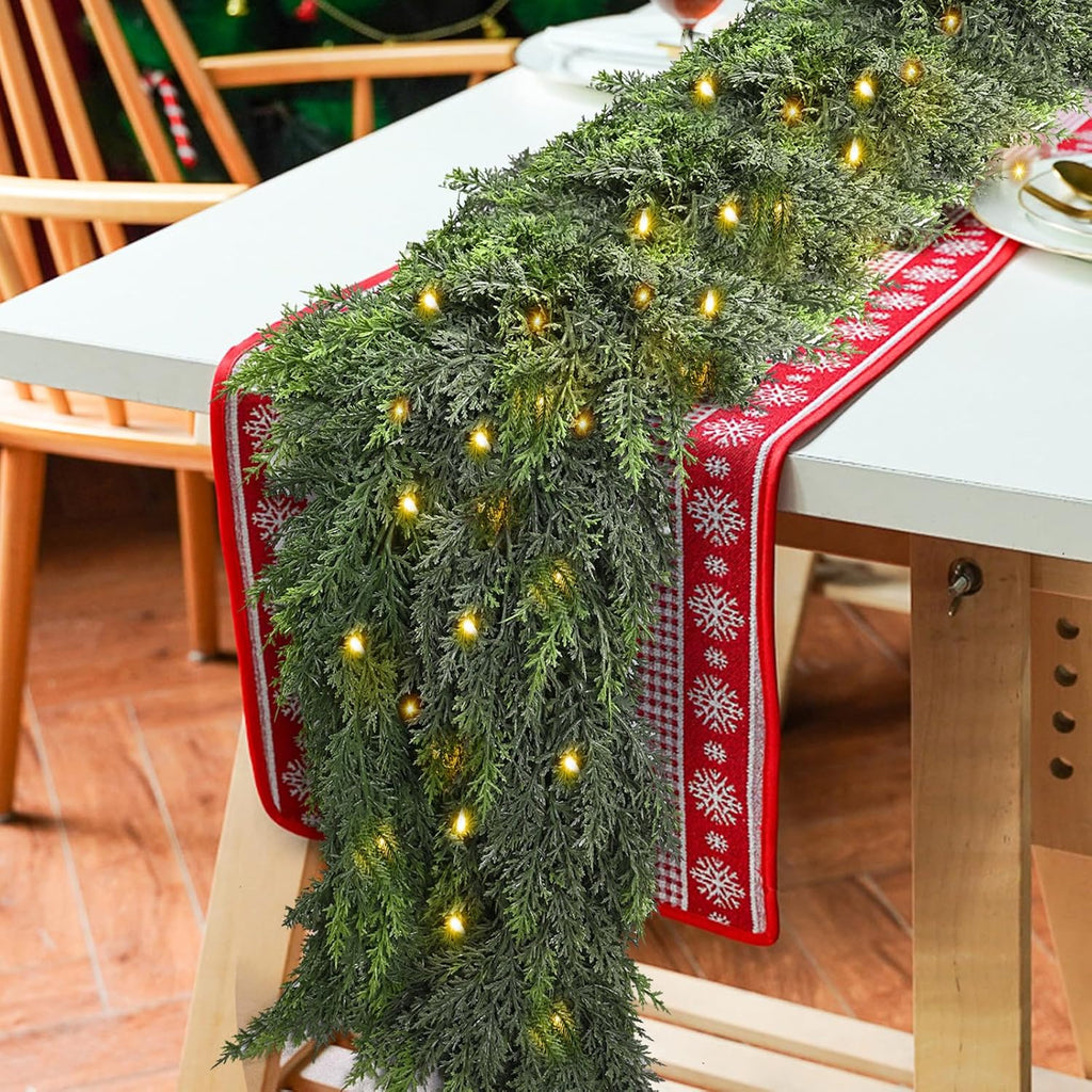 9FT Thick Christmas Cedar Garland with Lights, Layered Faux Greenery Decor