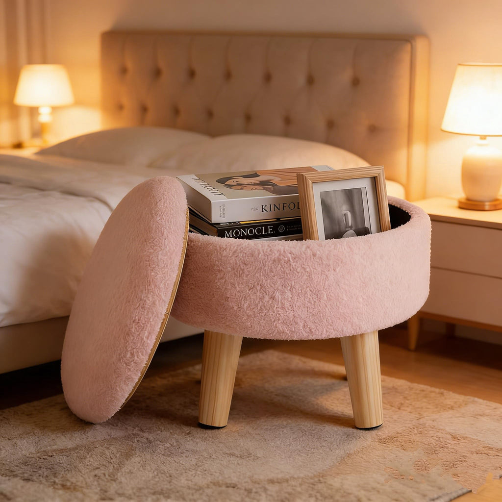 Round Storage Ottoman with Reversible Tray Lid, Multi-Functional Footrest, Teddy Velvet Footstool with Wood Legs