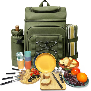 Picnic Basket Backpack for 4 Person with Blanket, Insulated Leakproof Cooler Compartment, Wine Holder, Cutlery Set