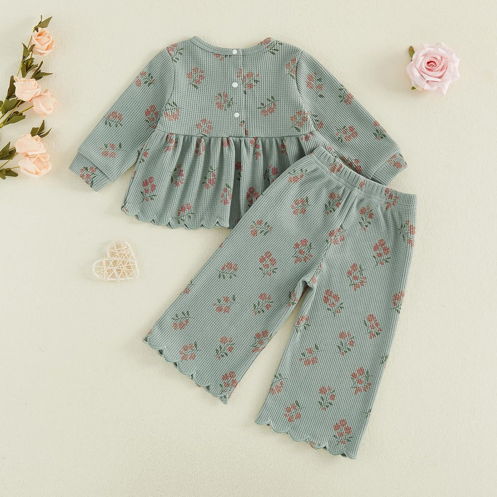 Toddler Girl Fall Winter Clothes Waffle Knit Outfits Floral Long Sleeve Scalloped Shirt Pants Baby Kids Clothing Set