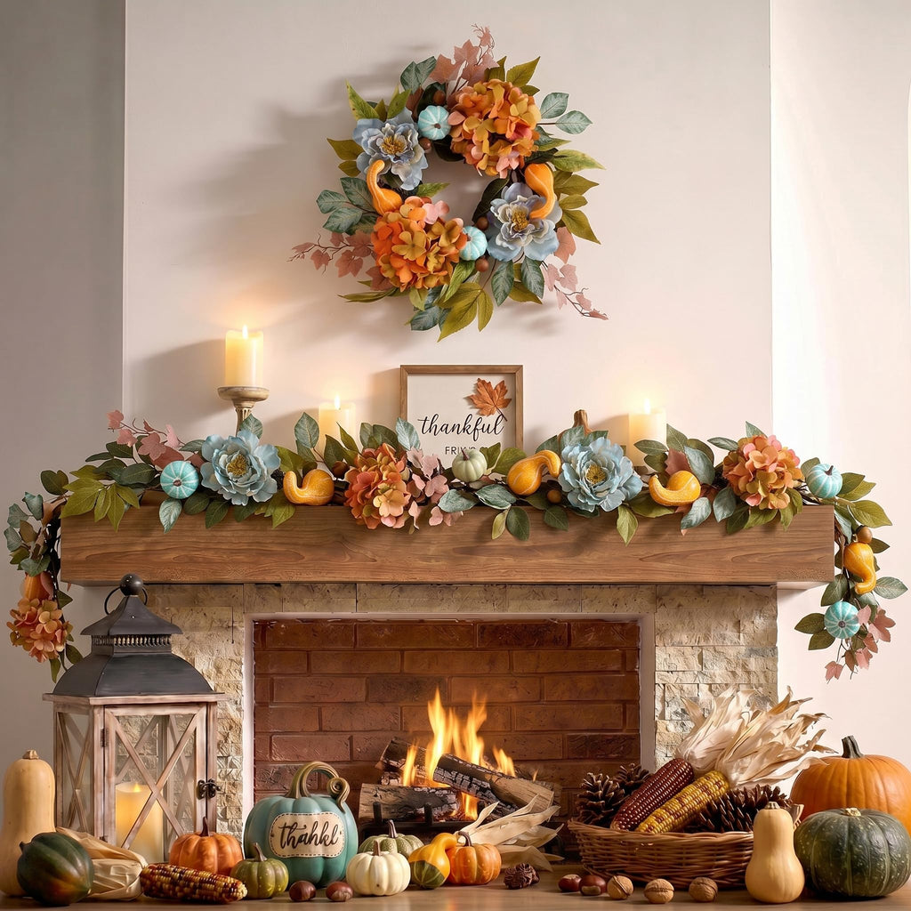 DecorbyHannah 18'' Fall Wreath for Front Door with Lights & Peony Hydrangea