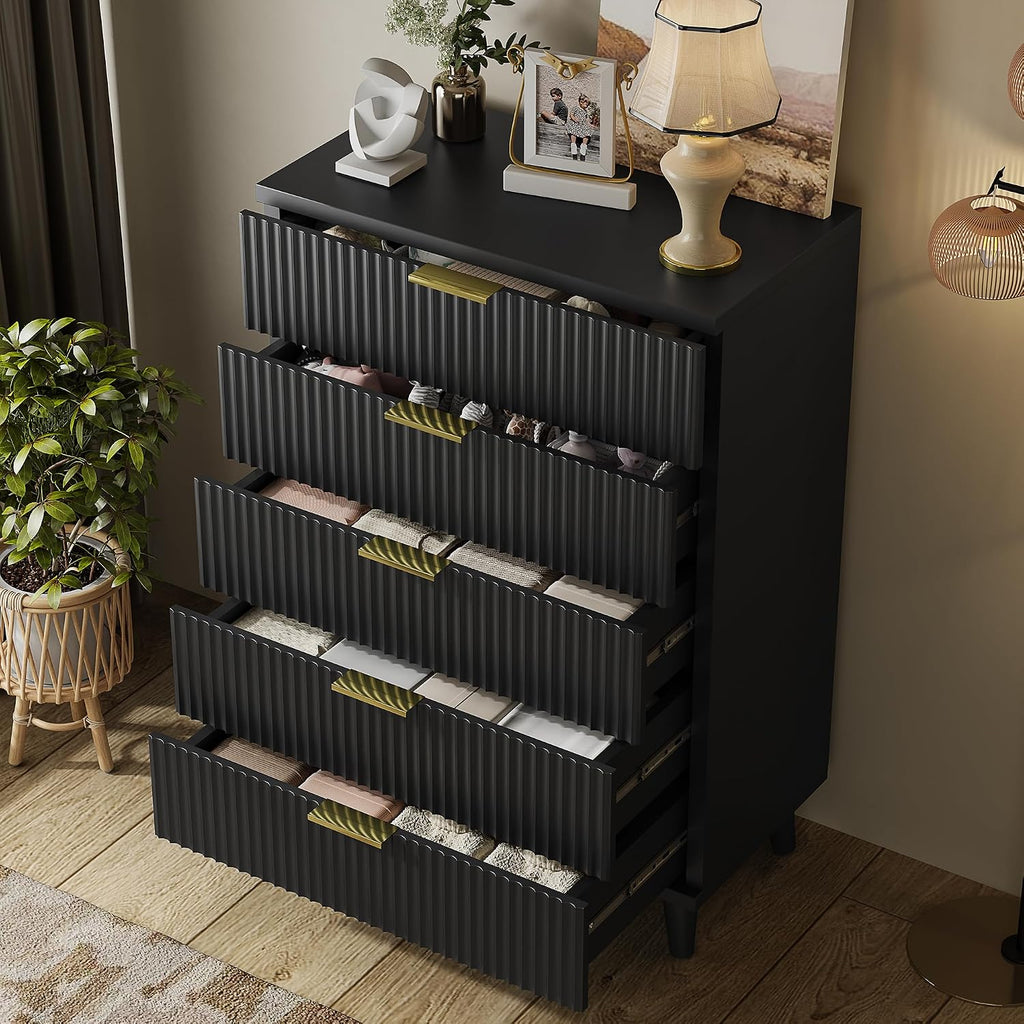 Black Dresser Wood Tall Dressers Drawers, Fluted Modern Dresser 5 Drawers Black