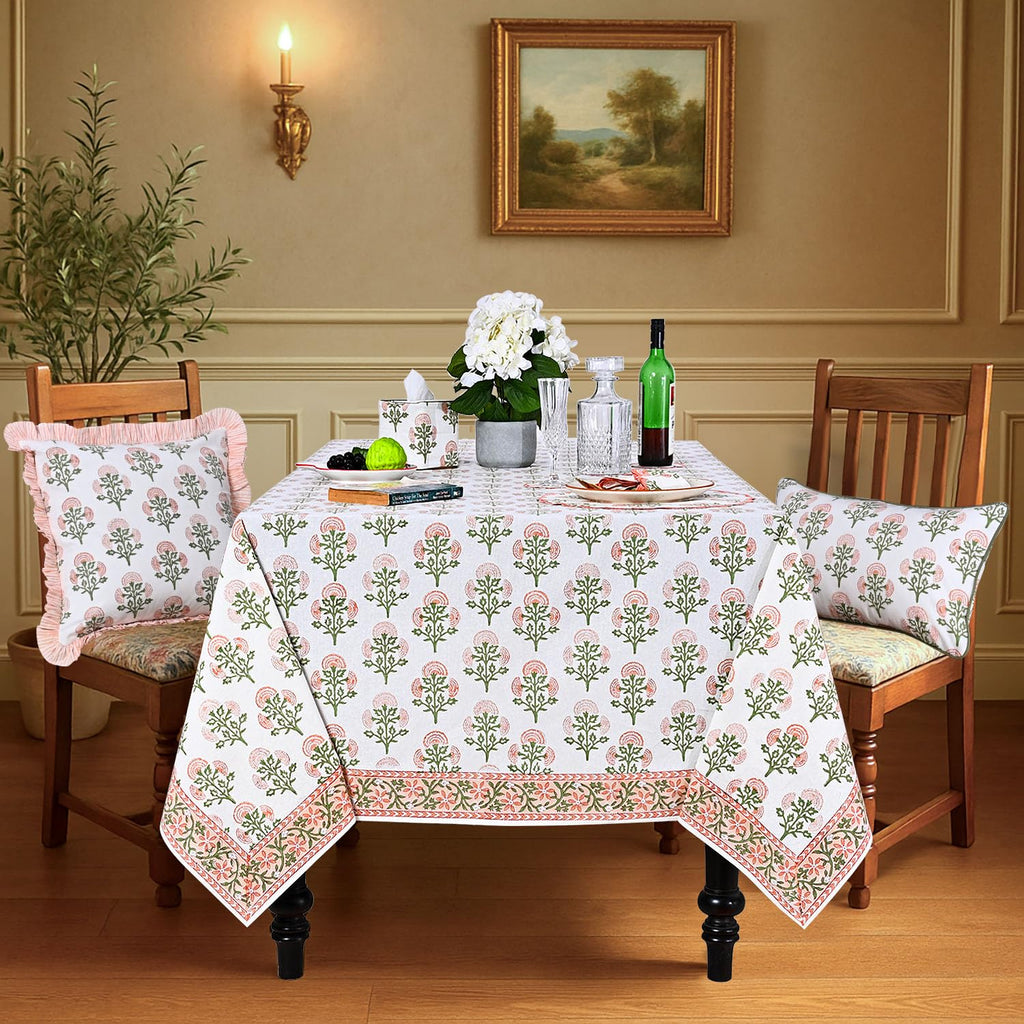 Mughal Buta Peach Hand Block Print Rectangle Tablecloth 108x70 Inch