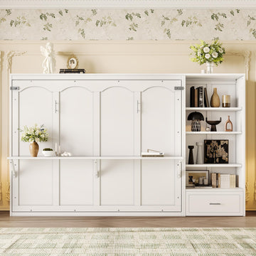 Queen Size Murphy Bed with Height Adjustable Storage Compartments and Shelf, Wall Bed Frame with 1 Drawer, Foldable