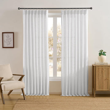 White Pleated Semi Sheer Drapes 50 x 92 Inch Length, Memory Shape Linen Textured Light Filtering Boho Neutral Back