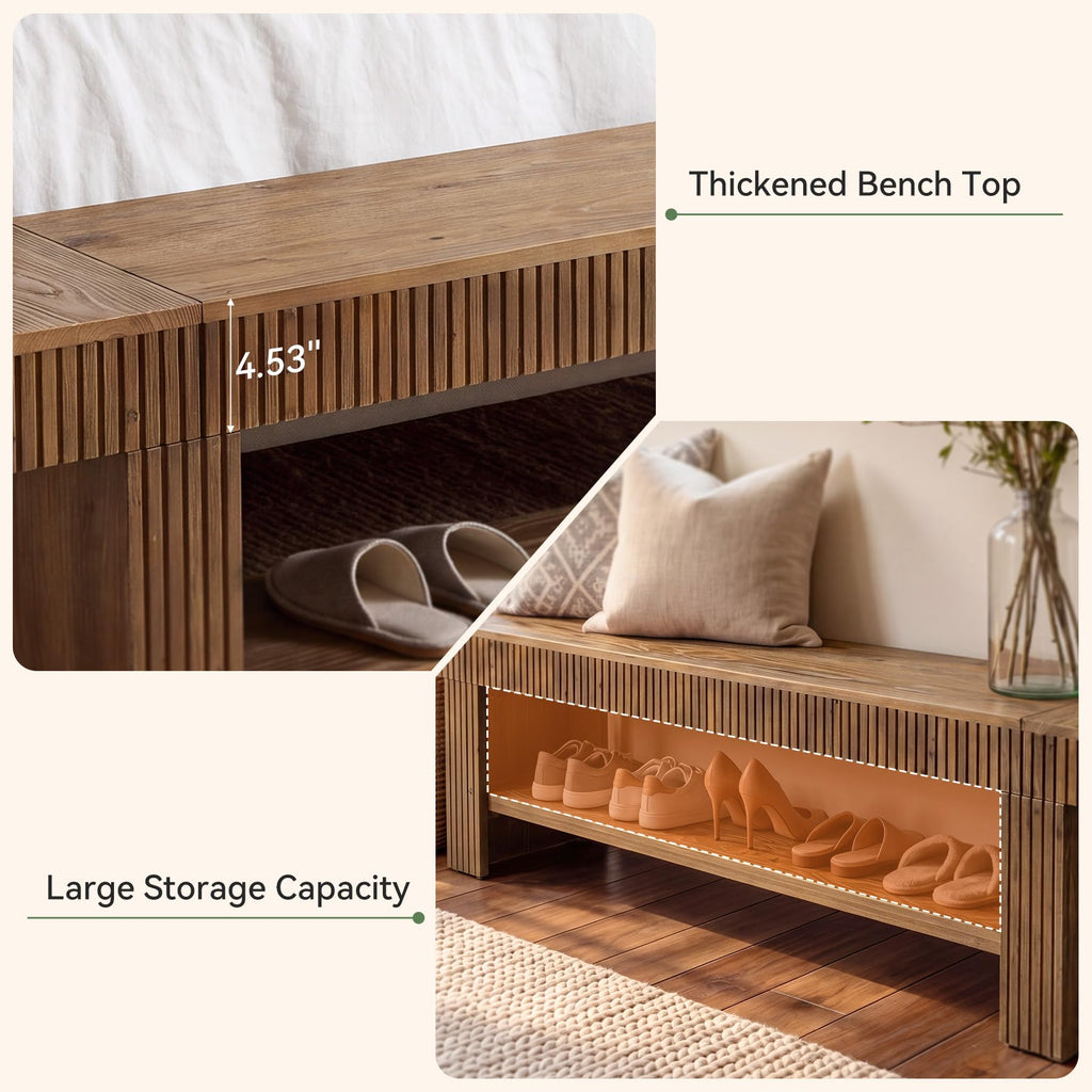 71 Inch Fluted Solid Wood Entryway Bench with Storage Shelf, Rustic Farmhouse Wood Shoe Bench, Long Console Bench