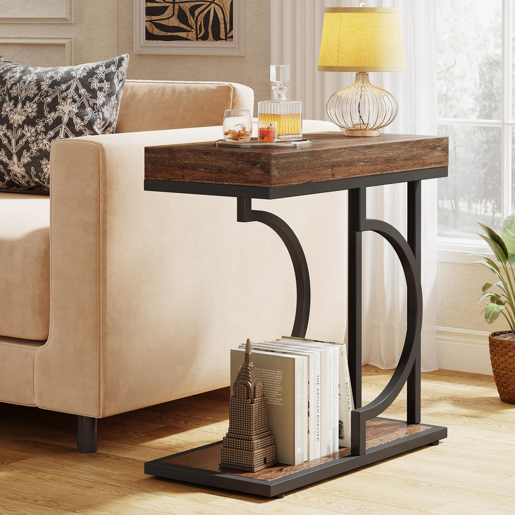 Narrow Side Table for Couch, C Shaped End Table with Metal Frame, Farmhouse Bedside Tables, Small Sofa Tables for
