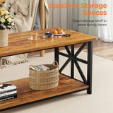 Coffee Table with Round Corner, Farmhouse Center Table with 2-Tier Storage Shelf X-Frame Design, 39 inch Walnut