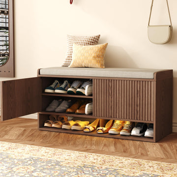 39.4" Fluted Shoe Storage Bench, Entryway Bench with Linen Seat Cushion, Shoe Cabinet Bench with Adjustable Shelf and
