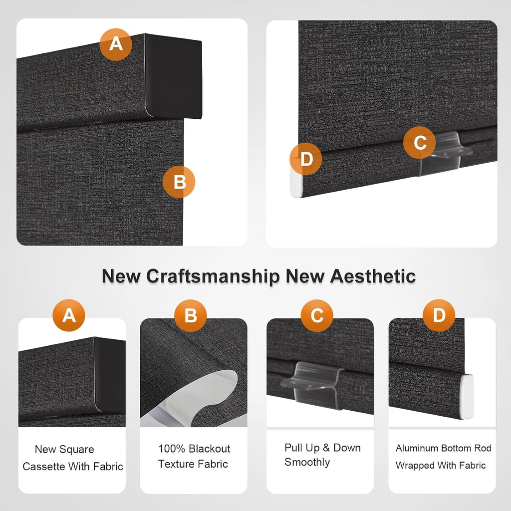 Custom Size Free-Stop Cordless Blinds for Indoor Windows with Cover, Window Shades Blackout Roller Blinds, Thermal