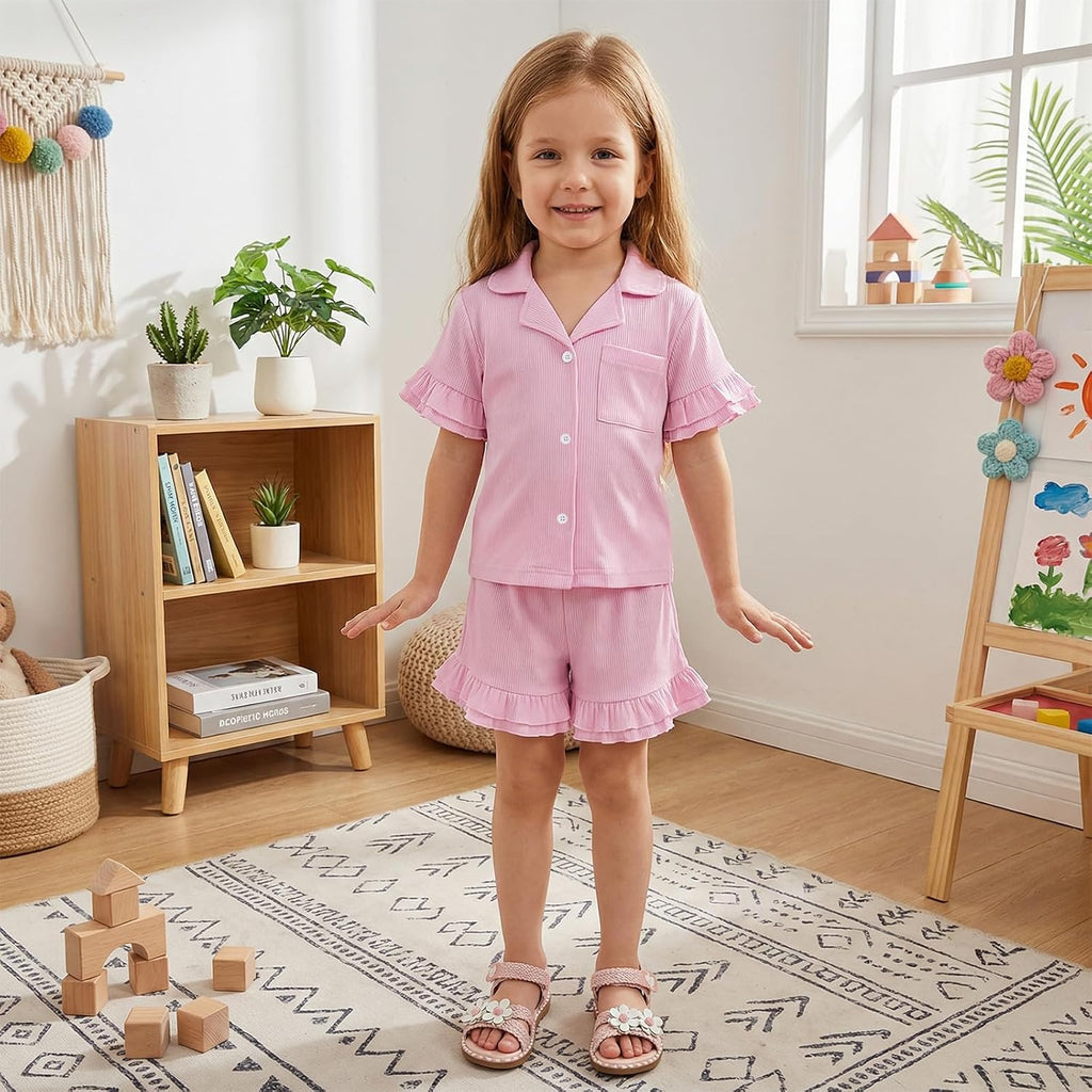 Toddler Baby Girls Ribbed Pajamas Set Ruffled Short Sleeve Button Up Shirt Tops Elastic Waist Shorts Girls Sleep Set