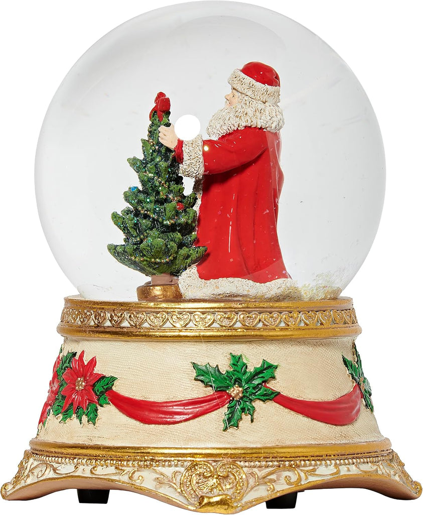 Musical Santa & Tree Glitterdome, 5.75" H, 100MM Water Globe with Poinsettia & Gold Base, Christmas Snow Globe