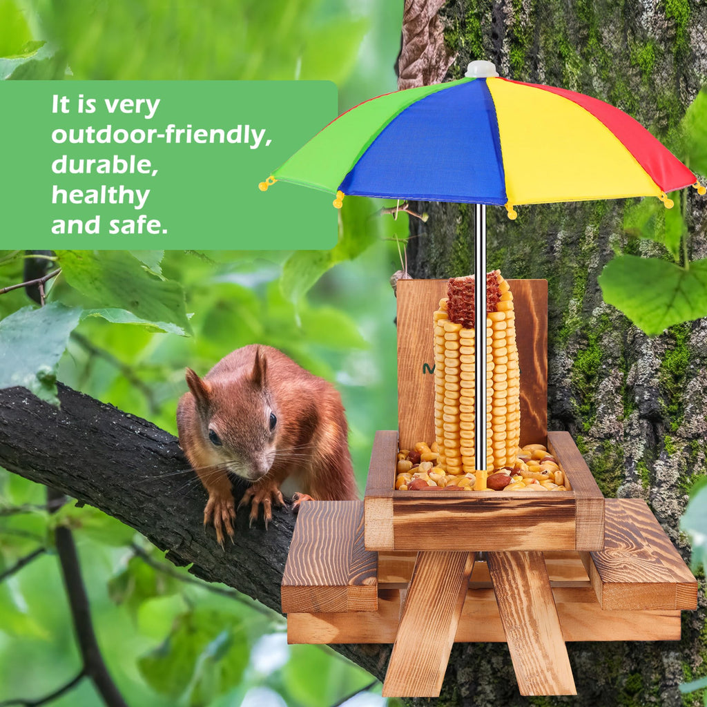 Squirrel Feeder Picnic Table with Tall Umbrella Set of 2, Wooden Squirrel Feeders for Outside, Cute Chipmunk Feeder