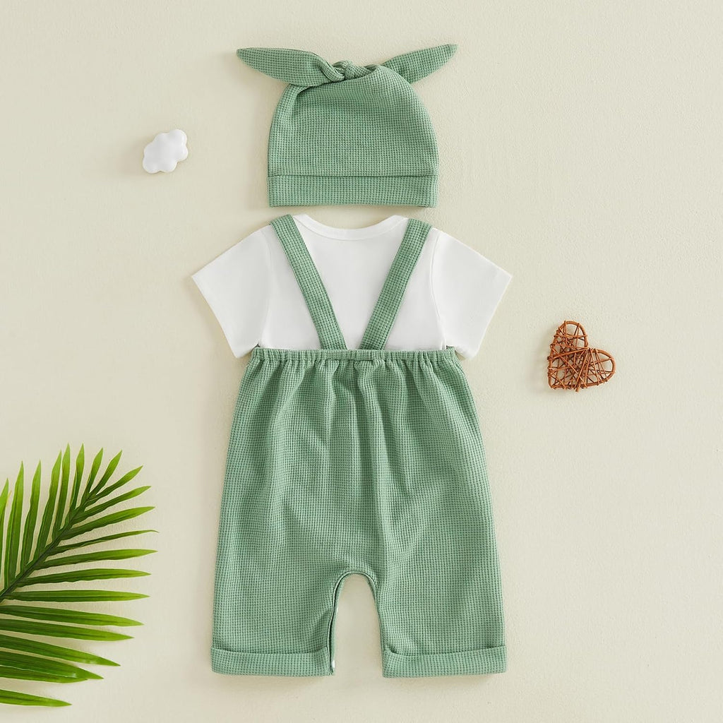 Newborn Baby Boy Clothes Summer Outfit Solid Color Short Sleeve Romper Waffle Suspender Shorts Overall Set 3Pcs