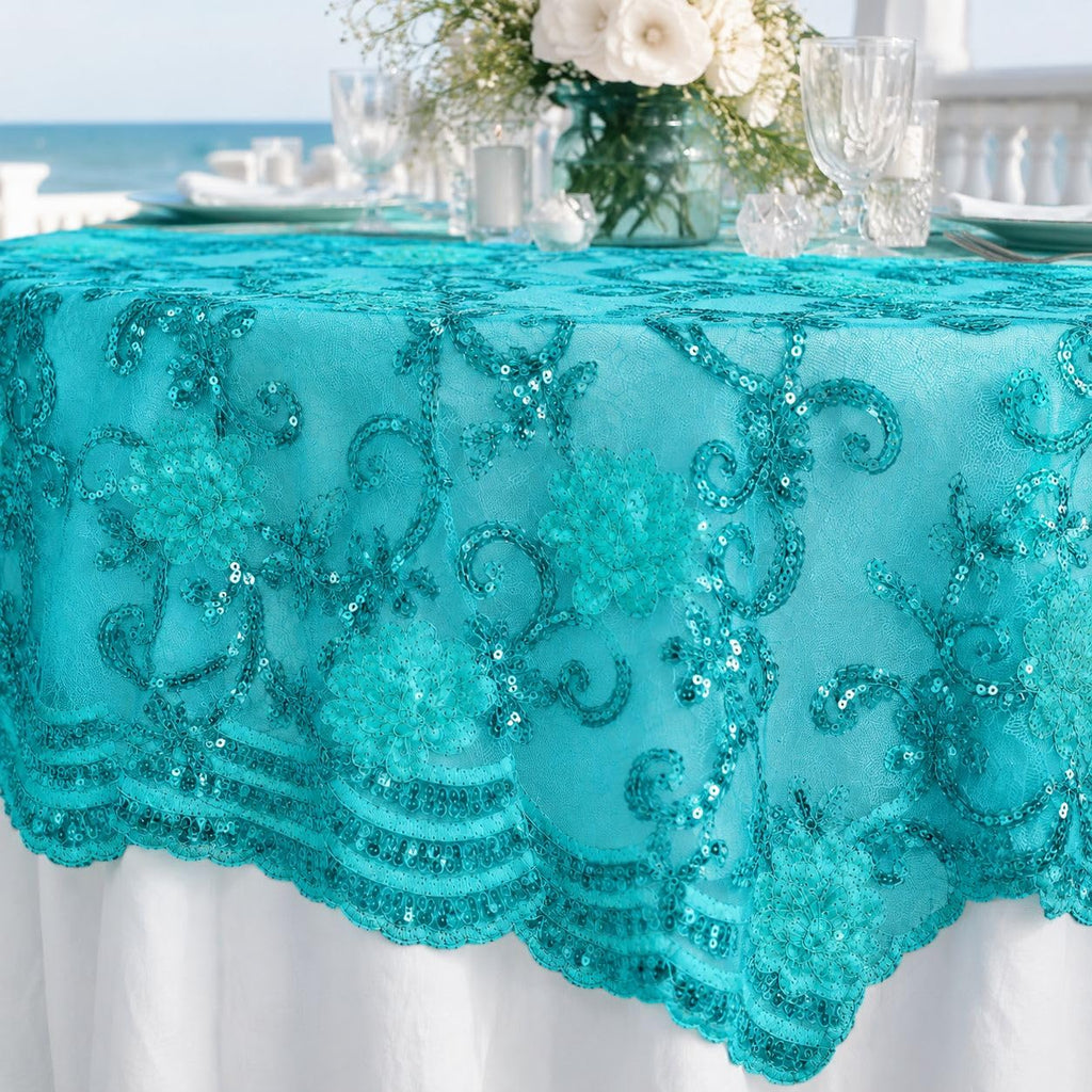 Designz 48/50" Wide Corded Queen Floral Lace Fabric with Sequins - Mesh Embroidered Fabric with Scalloped Edges for