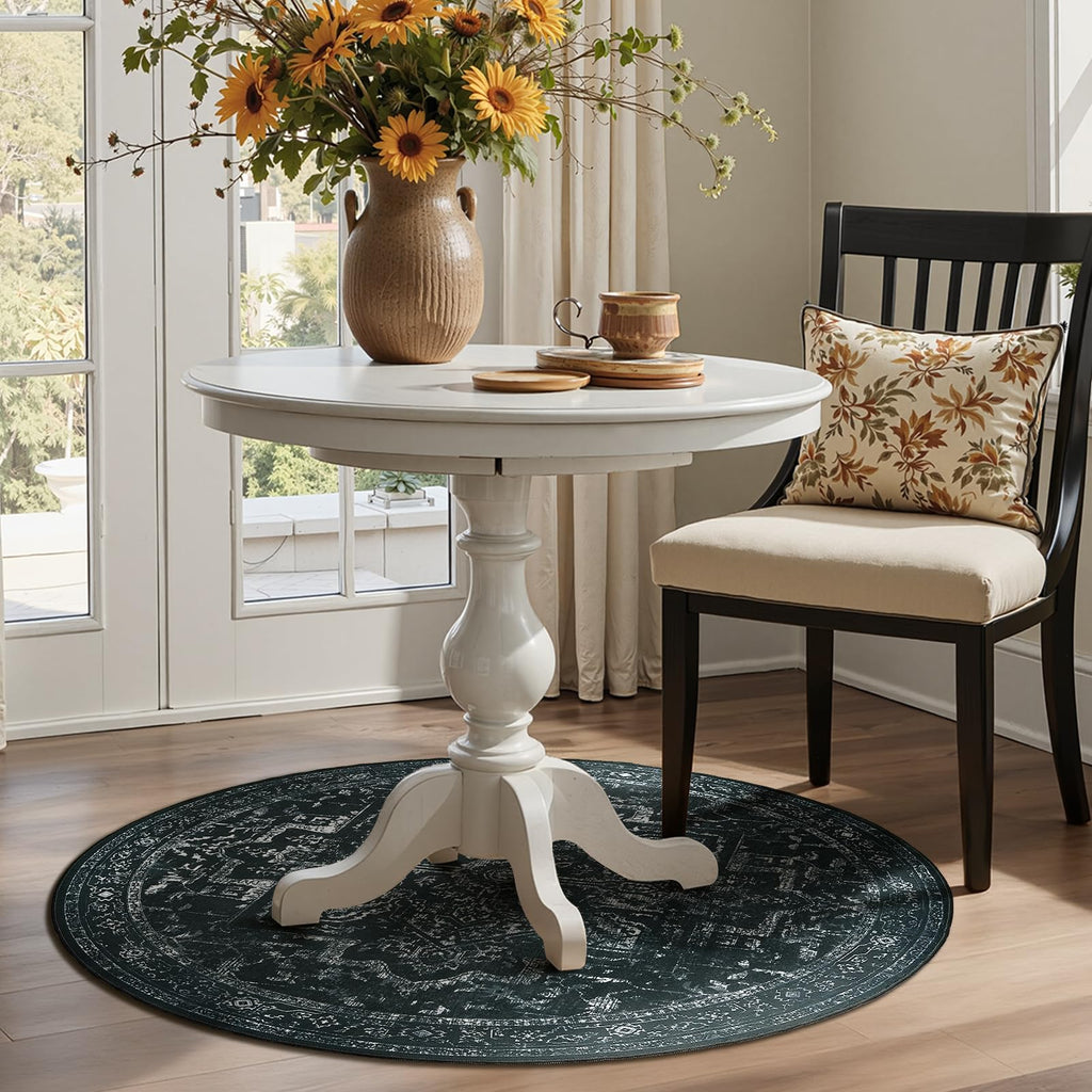 Black White Small Round Washable Rug 4ft Entryway, Kitchen Bathroom Thin Circle Rug 4 Feet Non Slip, Contemporary