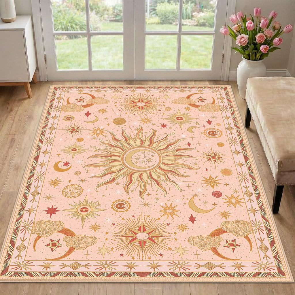 3x5 Area Rugs, Washable Vacuum-Friendly Non-Slip Rug Vintage Boho Gothic Sun and Moon Printed Patter