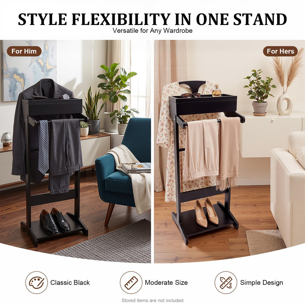 Suit Valet Stand, Wooden Suit Rack for Men and Women, Clothes Valet Stand with Drawer & Trouser Holder, Mens Valet