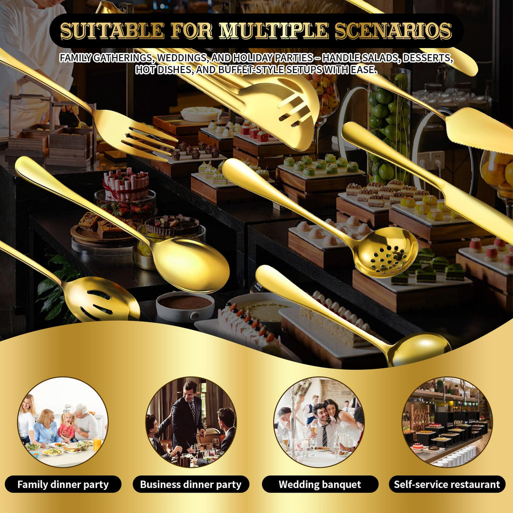 Gold Serving Utensils Set, Stainless Steel Buffet Serving Spoons with Tongs Forks Ladle - Dishwasher Safe