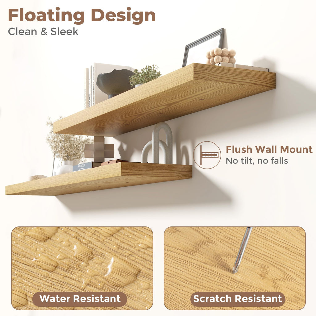 72 Inch Floating Shelves, 12"Deep Wall Shelf, 80 Lbs Capacity, Oak, 2pcs