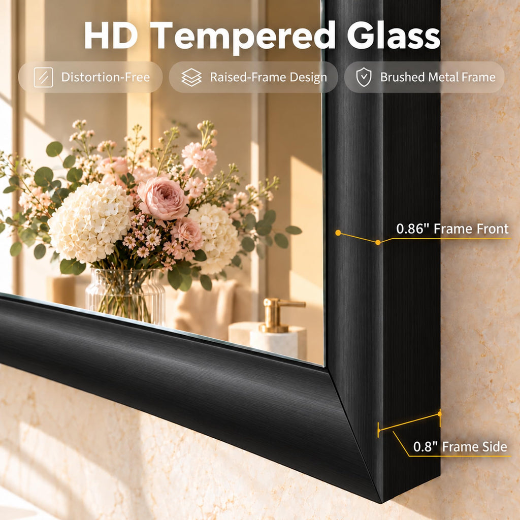 30x30 Square Black Mirror, Raised Metal Framed Bathroom Mirrors for Over Sink, Shatterproof Tempered Glass