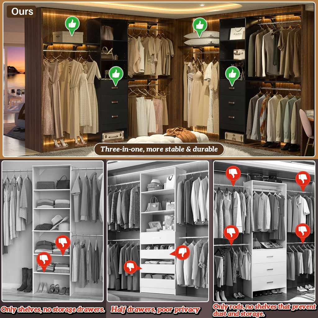 8FT Closet System, 96'' Closet Organizer System with 3 Hanging Rods, Wall Mount Bedroom Wardrobe with 3 Drawers