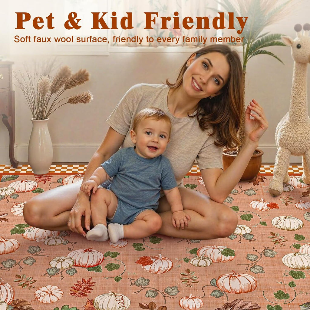 Fall Area Rugs Rug, Thanksgiving-Washable-Rugs-Non Slip Pumpk Rug Low Pile Floor Carpet with Checkered Edge