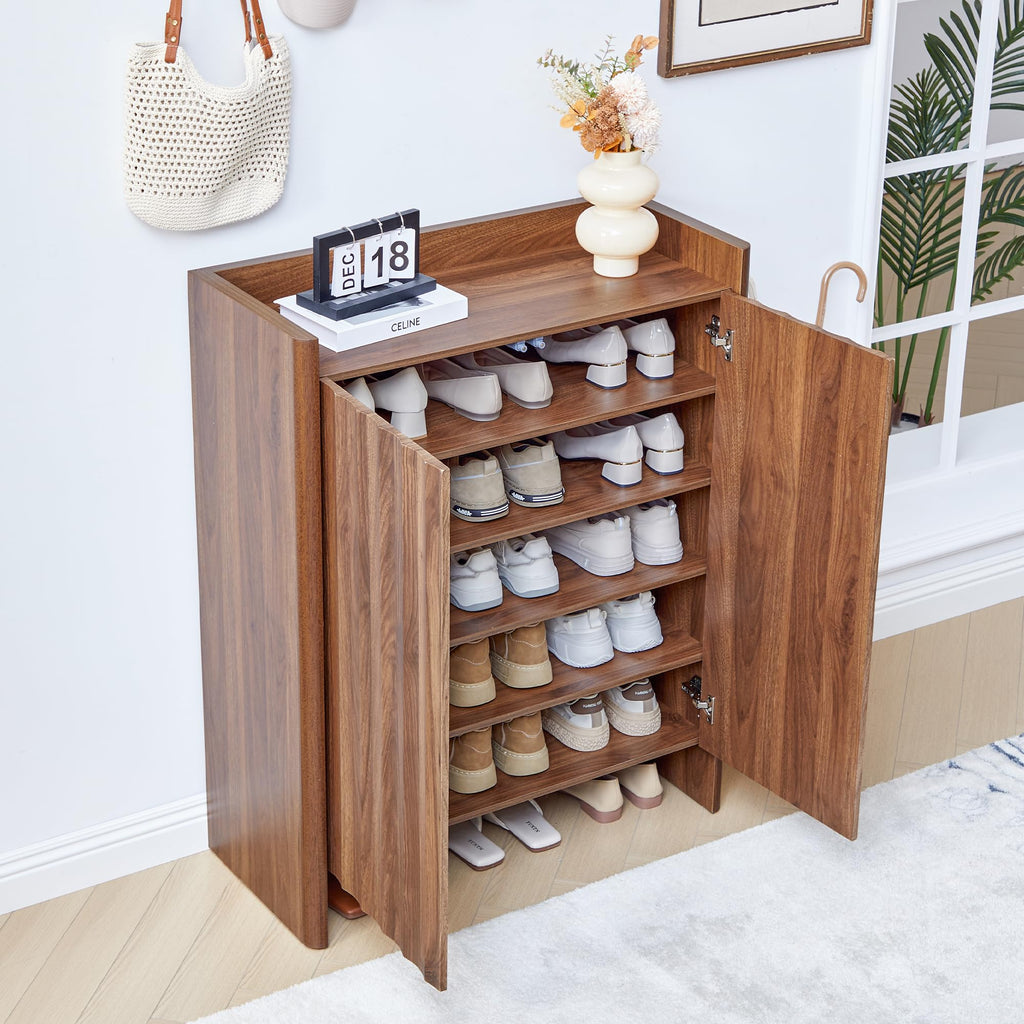 5-Tier Fluted Shoe Cabinet with Doors, Walnut