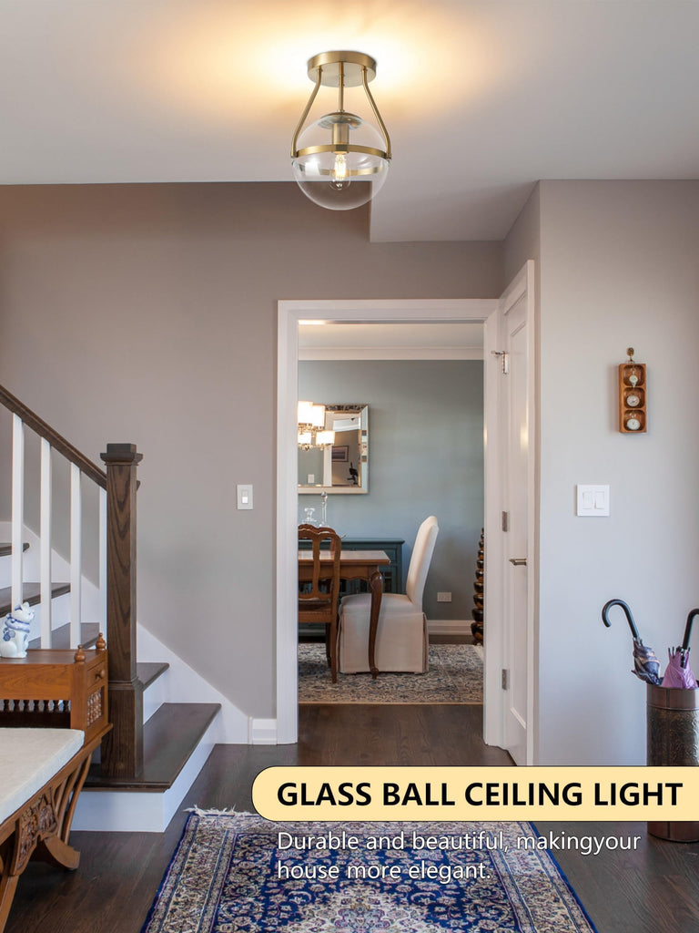 8 Inch Mid Century Ceiling Light Modern Gold Semi Flush Mount Ceiling Light with Clear Glass Shade Globe Semi Flush