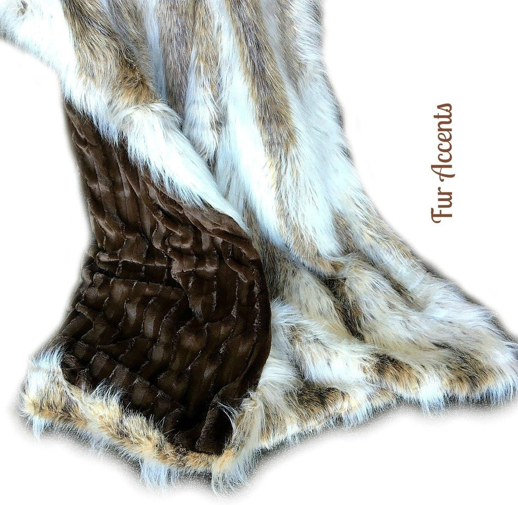Plush Throw - Brown Diamond Fox Creamy Ivory Background - Premium Quality Faux Fur - Designer Throw Blanket - Soft