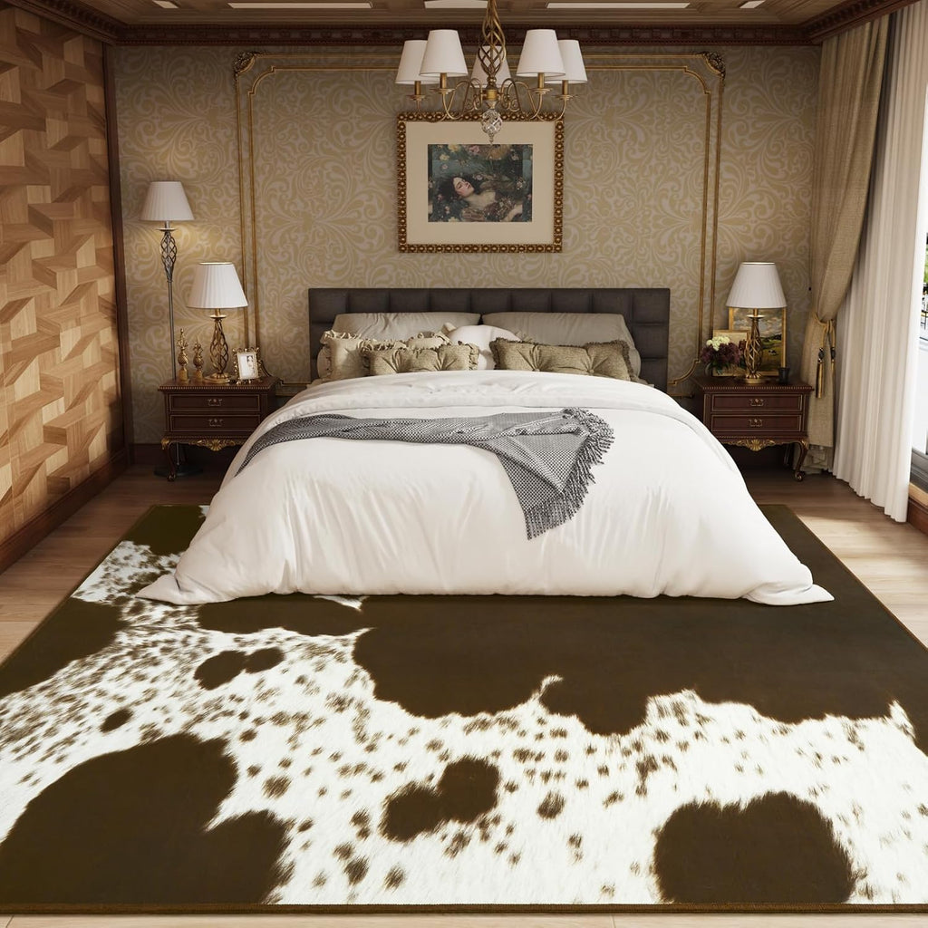 Faux Cowhide Rugs Bedroom, 8x10 Cow Print Area Rug | Machine Washable Non-Slip Stain Resistant Rug Premium Western