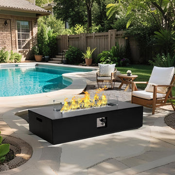 2-Piece Outdoor Propane Fire Pit Table Set - Premium Marble-Like MgO Finish, 56-Inch Gas Fire Table with Glass Wind