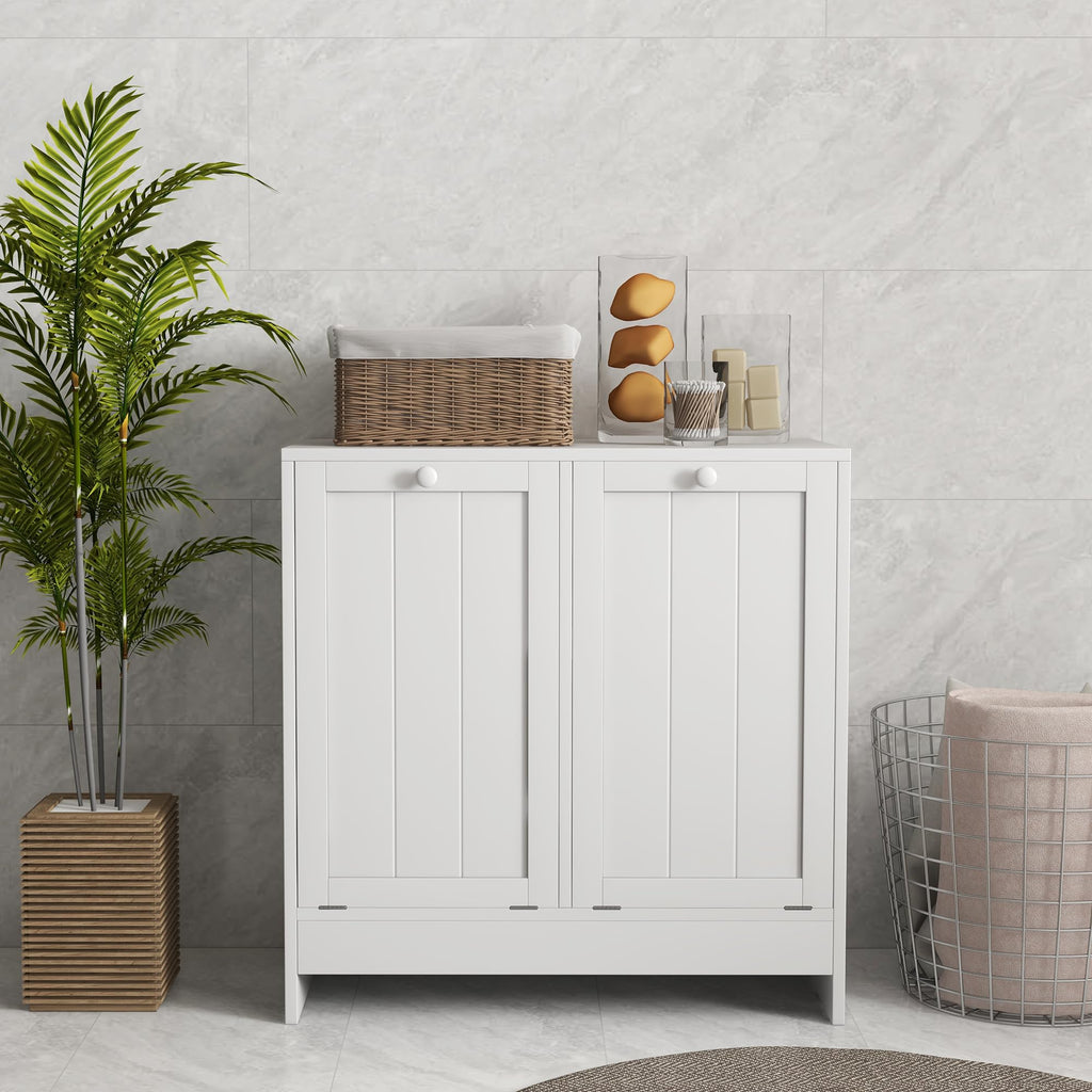 Double Tilt Out Laundry Hamper Cabinet with Storage 2 Doors White