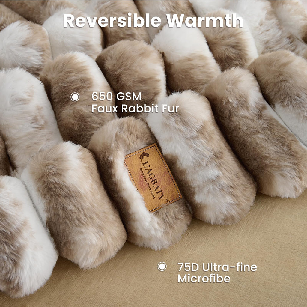 Faux Fur Throw Blanket for Couch, 3D Striped, 50x60 Inches, Taupe
