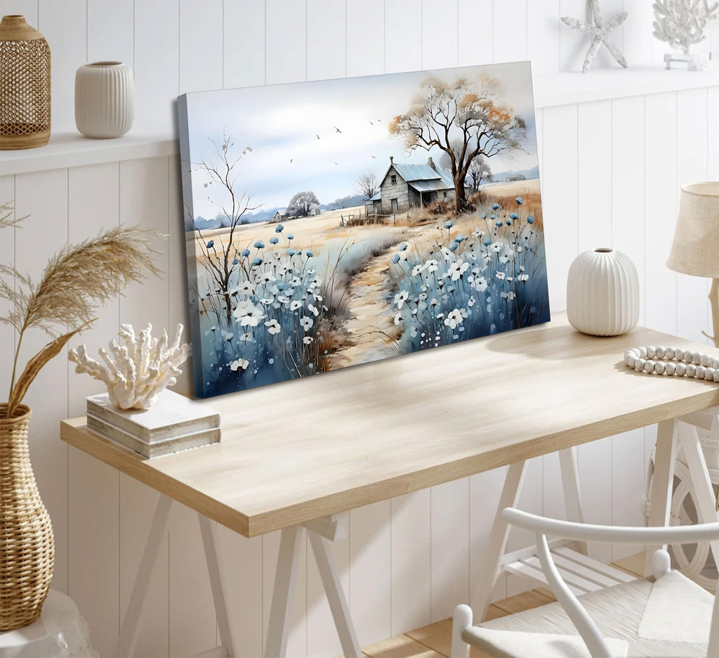 Framed Rustic Farmhouse Canvas Wall Art Beautiful Field Painting Wildflower Barn Print Nature Scenery Picture French