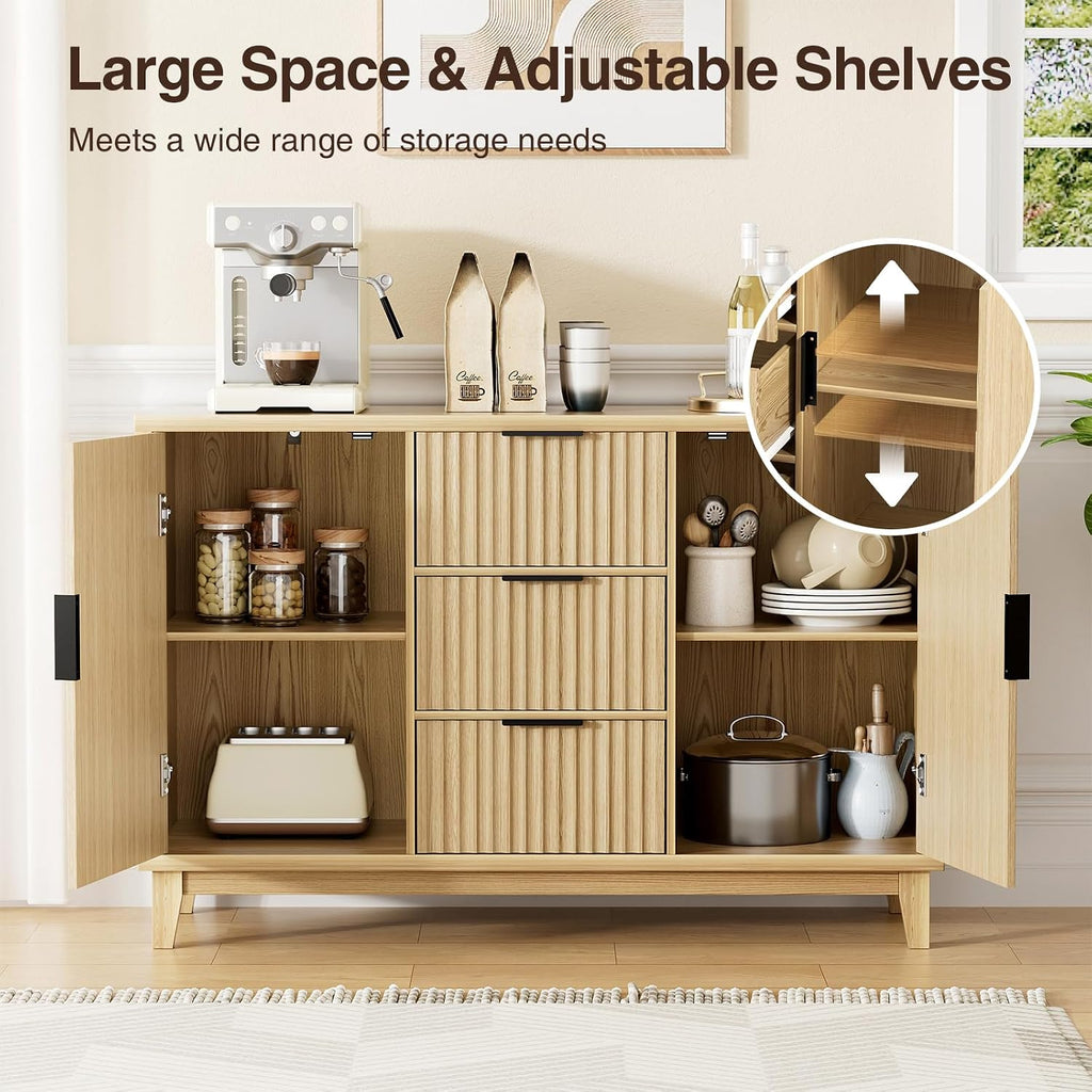 47" Fluted Sideboard Buffet Cabinet with 3 Drawers & 2 Doors - Mid Century Modern Storage Credenza, Natural Oak
