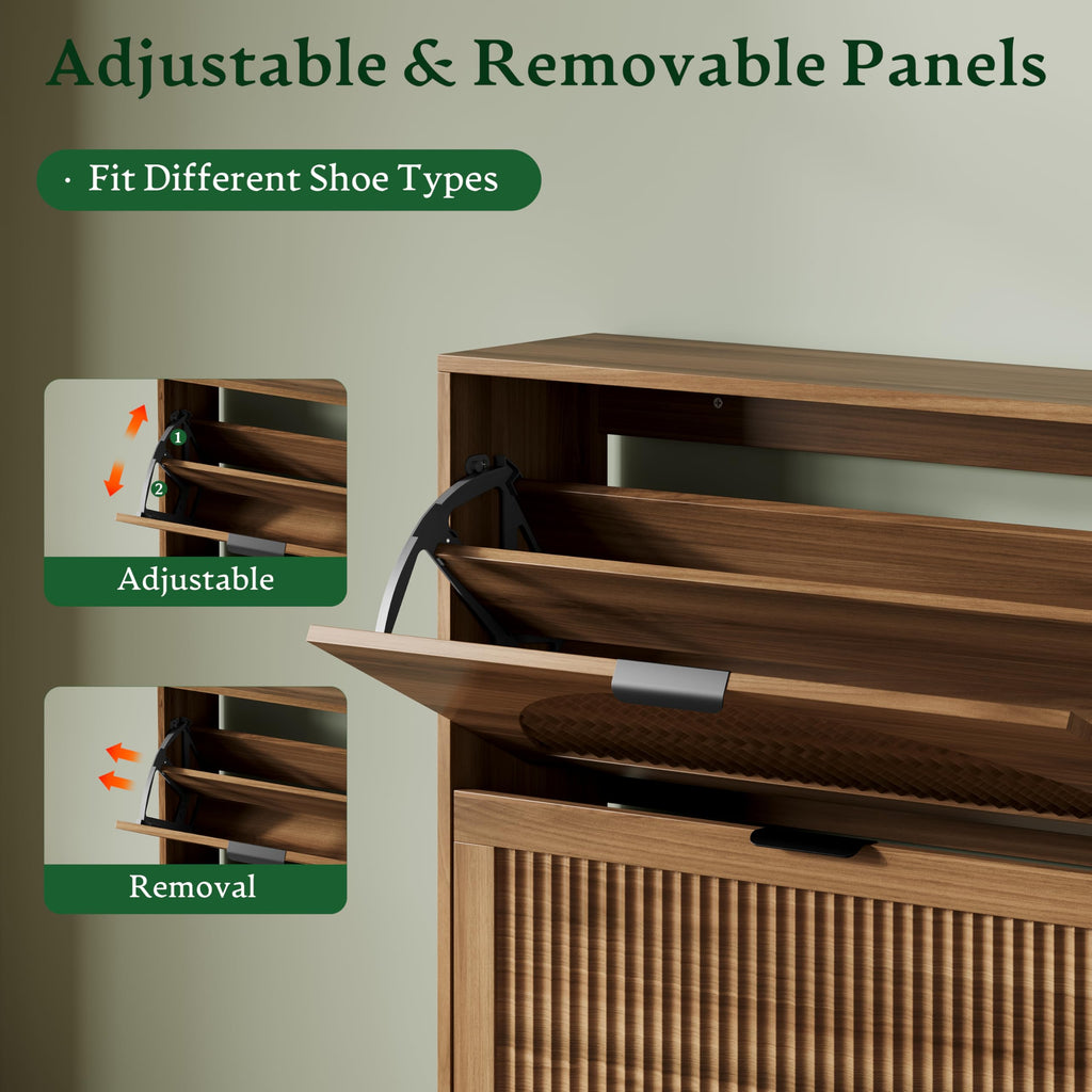Shoe Storage Cabinet with 2 Flip Drawers, 36" Tall Narrow Wood Fluted Shoe Organizer, Freestanding Wooden Hidden