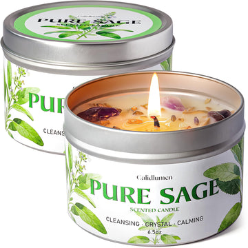 Pure Sage Candle for Cleansing - 2Pc Soy Scented Candle with Crystals & Sage Leaves Inside, House Negative Energy