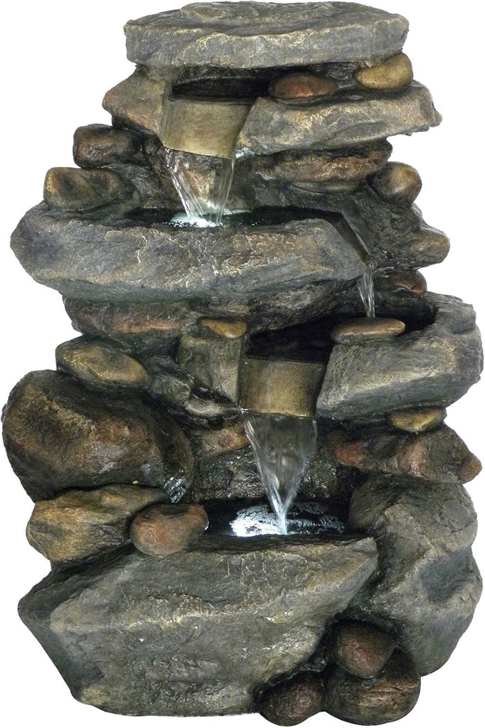 Outdoor Water Fountain - 3-Tier Rock Outdoor Waterfall Fountain with Lights - 25.5” LED Fountain Yard Patio Decor