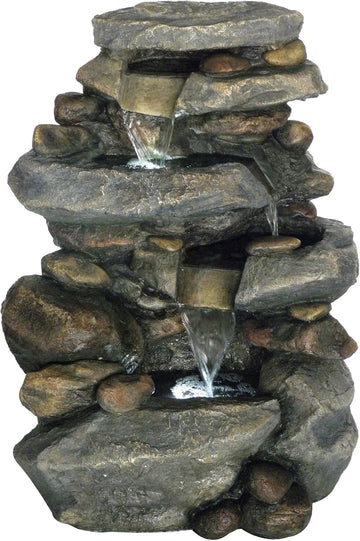 Outdoor Water Fountain - 3-Tier Rock Outdoor Waterfall Fountain with Lights - 25.5” LED Fountain Yard Patio Decor