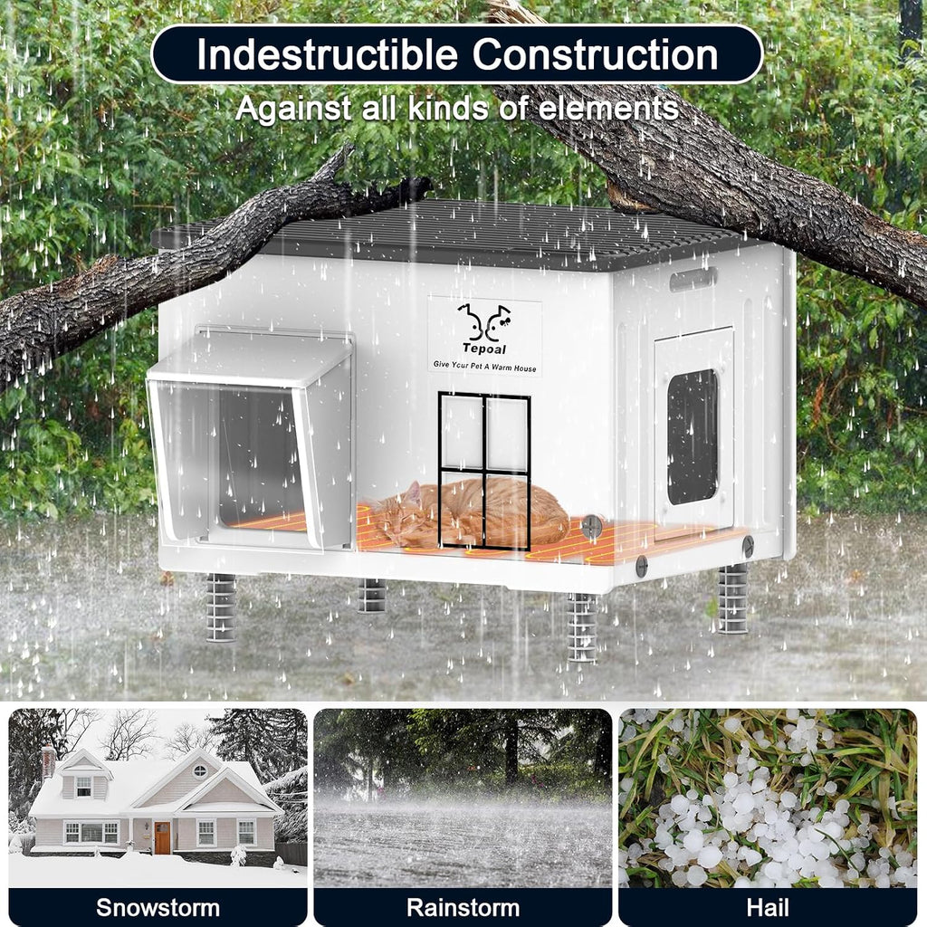 Indestructible Heated Cat House for Outside, Large Heated Outdoor Cat House 100% Weatherproof with Escape Door