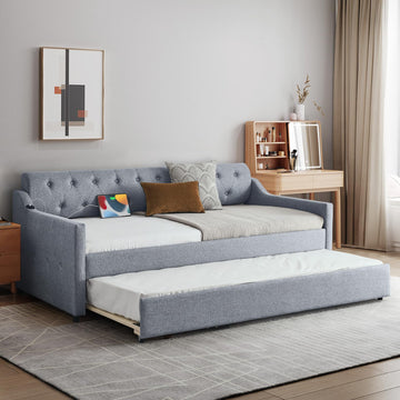 Daybed with Pop Up Trundle, Modern Button Tufted Linen Upholstered Sofa Bed Frame, Twin to King Size Day Bed w/USB &