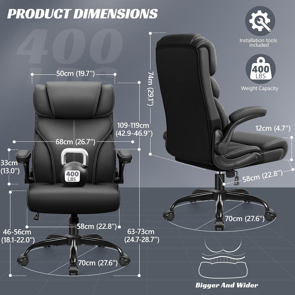 Ergonomic Big and Tall Computer Desk Chairs, Executive Breathable Leather Chair with Adjustable Flip-up Armrests