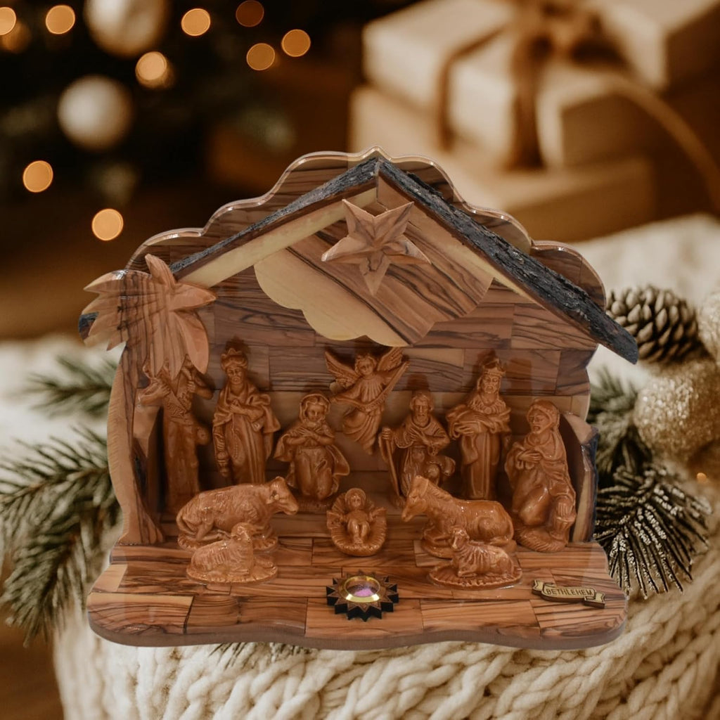 Olive Wood Nativity Set with Music Box - Hand Carved in Bethlehem | Holy Land Christmas Manger Scene | Religious Gift